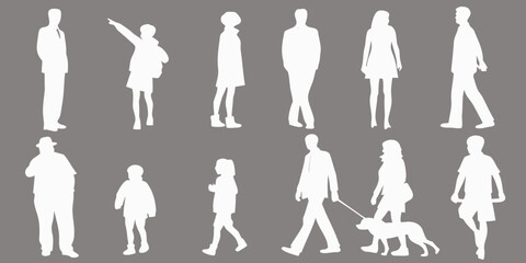 Silhouettes of people in various poses and with a dog on gray background