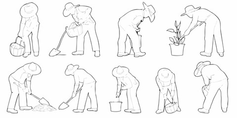 Line art illustration of people gardening and performing various tasks