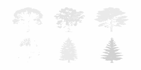 A collection of grayscale tree silhouettes in varying shapes and sizes