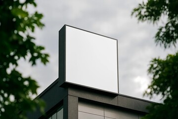 Blank square billboard mockup on building rooftop framed by green tree leaves