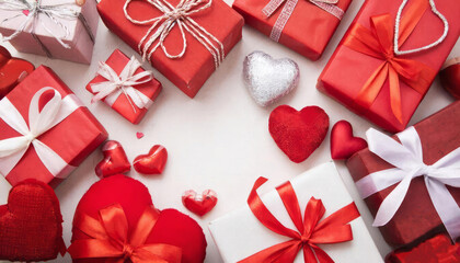 Valentine Hearts and Gift Boxes Flat Lay. A romantic flat lay of red and pink heart shaped decorations and wrapped gift boxes with ribbons, creating a festive Valentines Day theme and symbolizing love