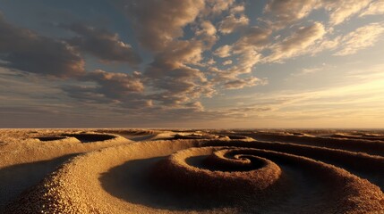 Serene Sunset Over Abstract Sand Dunes with Twisting Patterns