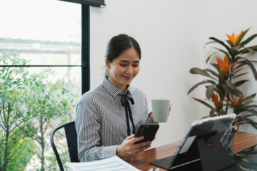 Overjoyed businesswoman happy for successful work.