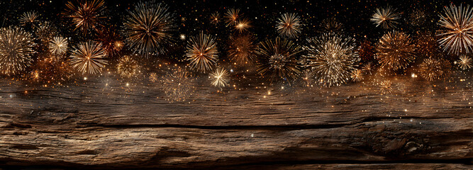 Silvester 2025, New Year's Eve, New Year, new years eve background panorama long - Firework Fireworks on rustic brown wooden wood texture