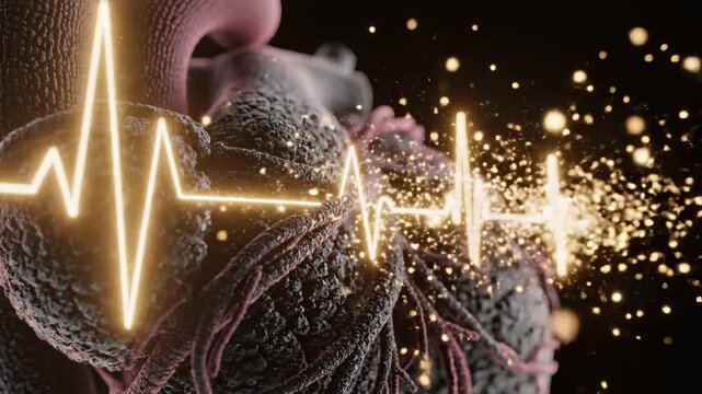 Heart Anatomy: Simulated Ecg Signal With Glowing Sparkle Particle Effects
