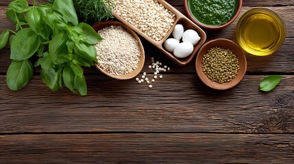 Culinary preparation with fresh ingredients rustic overhead views of healthy cooking