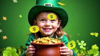 Joyful child in leprechaun hat celebrates abundance with shamrocks and gold coins