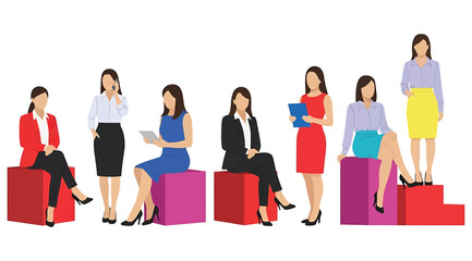 Obraz premium Six professionally dressed women posed on red, pink, and purple blocks, engaging in varied activities with documents and devices, stylized illustration representing workplace diversity and career role