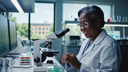 Happy African American Scientist Working with a Microscope in a Modern Lab with Green City Background and Two Monitors Displaying Research