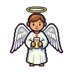 Cute Pixel Art Angel Holding Candle Christmas Ornaments Vector