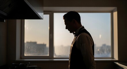 Fototapeta premium Waiter Silhouette in Kitchen, Professional Preparation Concept, Generative AI