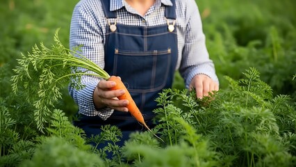 A dedicated farmer proudly holds a freshly harvested organic carrot in a vibrant green field, showcasing the bounty of healthy, homegrown produce