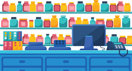 Illustration of a pharmacy counter with shelves full of colorful medicine bottles and jars.