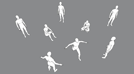 Fototapeta premium Circular arrangement of eight white silhouette figures in dynamic poses on gray background, abstract human motion illustration showing symmetry, orientation, and artistic composition for design, chore