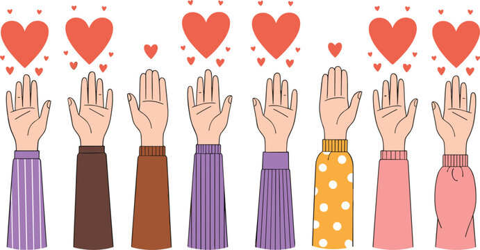 Raised hands with hearts illustration representing love, support, unity and diversity in colorful flat vector style - Powered by Adobe