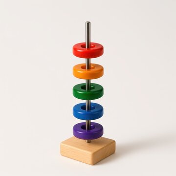 Children magnetic science toy with metal rod in wooden base and stack of colorful rings suspended to show magnetic force education stem physics concept on white background