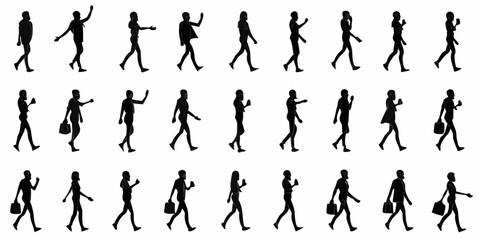 Silhouettes of people walking in various poses some carrying bags