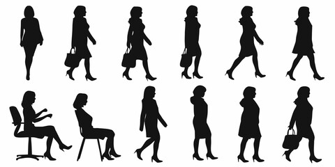 Silhouettes of women in various poses walking and seated a stylish collection