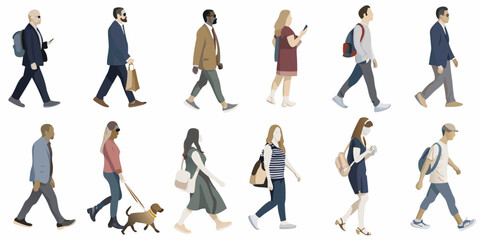 Diverse group of people walking illustrated figures in various casual outfits