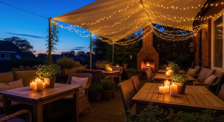 Cozy outdoor dining area with warm lighting