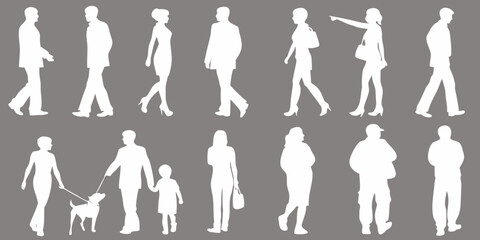 Silhouettes of people in various poses and activities against a gray background