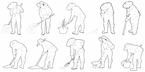 Line art illustration depicting gardeners in various working poses with tools