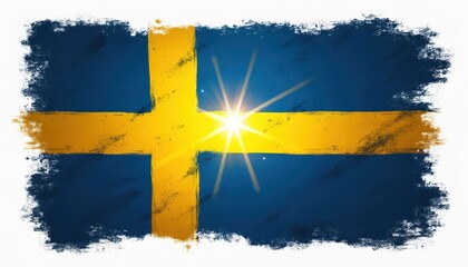 Swedish flag with grunge texture and bright sun flare. Blue and yellow colors form nordic cross. Represents national pride and Scandinavian heritage.
