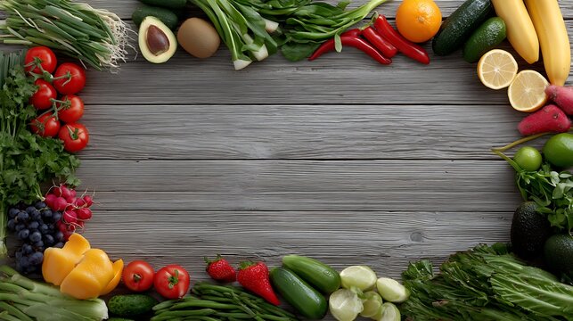 Aerial view of fresh vegetables rustic kitchen counter food photography for healthy eating - Powered by Adobe