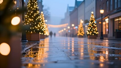 Festive Christmas Street with Glowing Trees at Dusk