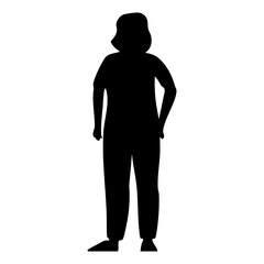 Obraz premium A full-body silhouette of a woman stands centered, dark against a white background, creating a stark, simple, and somewhat isolated mood. 