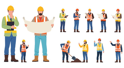Collection of twelve illustrated construction workers in safety gear including hard hats and vests performing tasks such as reading blueprints, using tools, digging, and communicating, teamwork and sa