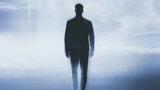 Silhouette of a man in a suit against a hazy blue background