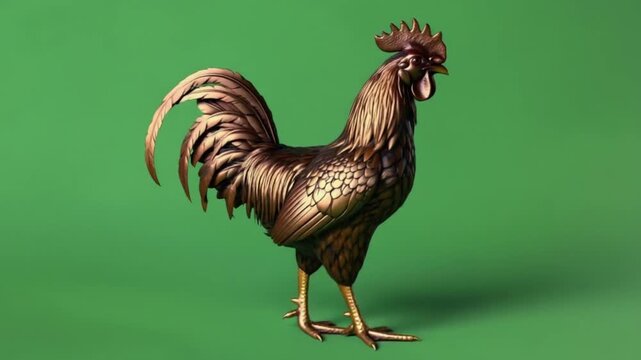 Bronze rooster statue standing on a green background in a studio setting for artistic display chicken green screen video