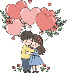 Cartoon couple hugging with heart balloons, romantic love illustration, valentine celebration, cute boy and girl affection, floral decoration background