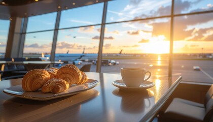 Peaceful travel experience, savoring fresh croissants and coffee at a sunlit airport lounge overlooking departing airplanes and a beautiful golden hour sunset