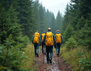 Group of hikers with yellow backpacks walk on forest trail. People hike with poles, enjoying nature and fresh air. Friends trek through green pine trees on sunny day. Journey adventure.