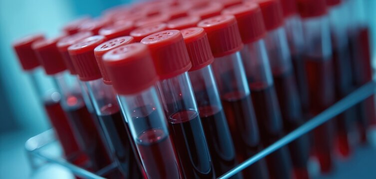 Medical laboratory rack holds many blood sample tubes with red caps. Scientists analyze blood for diseases, toxins, or doping tests. Research confirms health and safety vital signs.