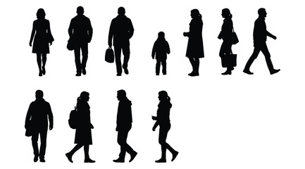 Collection of ten black silhouettes of adults and children in varied walking and standing poses, some carrying bags or wearing coats, minimal contour illustration on white background for lifestyle, ur