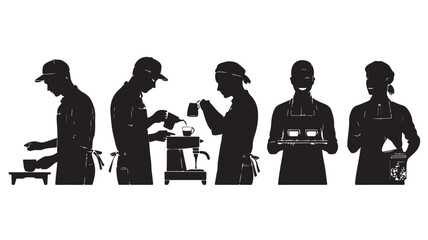 Baristas Preparing Coffee in Coffee Shop, Silhouette Illustration