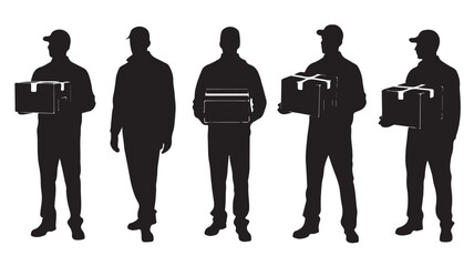 Delivery Men Holding Boxes in Various Poses Isolated on White