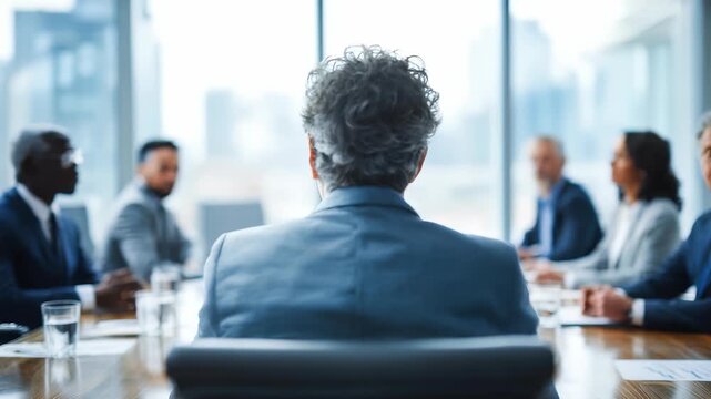 A senior executive leads a group of business professionals in a contemporary boardroom, focusing on collaboration and innovation. The team engages in a high level discussion with city views