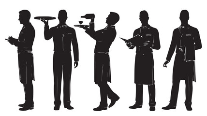 Waiter Silhouettes Serving Food and Drinks in Various Poses Isolated on White Background