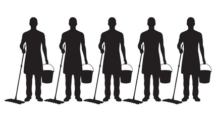 Cleaning Staff Silhouettes with Mops and Buckets Isolated on White Background