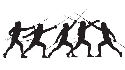 Silhouetted Fencers Engaging in Fencing Combat Isolated on White Background