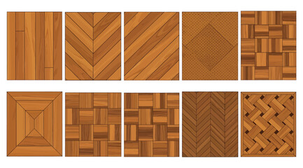 Collection of ten parquet flooring patterns arranged in two rows, featuring herringbone, chevron, basket weave, and intricate geometric designs with wooden slats, texture illustration for interior des