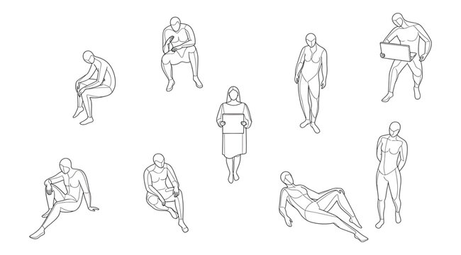Collection of nine line drawings of human figures in varied seated, standing, and reclining poses with minimal detail, focusing on posture, gesture, and body orientation, contour illustration for anat