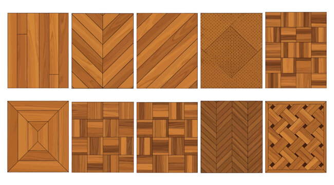 Collection of ten parquet flooring patterns arranged in two rows, featuring herringbone, chevron, basket weave, and intricate geometric designs with wooden slats, texture illustration for interior des
