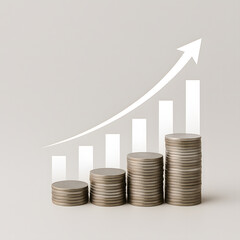 Stacks of coins forming a rising bar graph with an upward arrow, symbolizing financial growth and investment success.