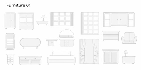 Outline of various furniture items including sofas storage and decorative elements
