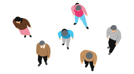 Illustration of six diverse individuals viewed from above walking in different directions on white background, minimal contour artwork emphasizing human movement, clothing variation, urban activity, a